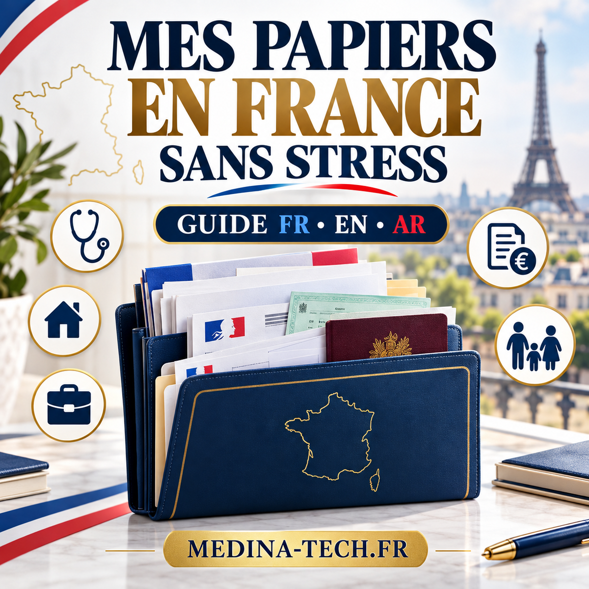 Guide Mes papiers en France sans stress en français, anglais et arabe