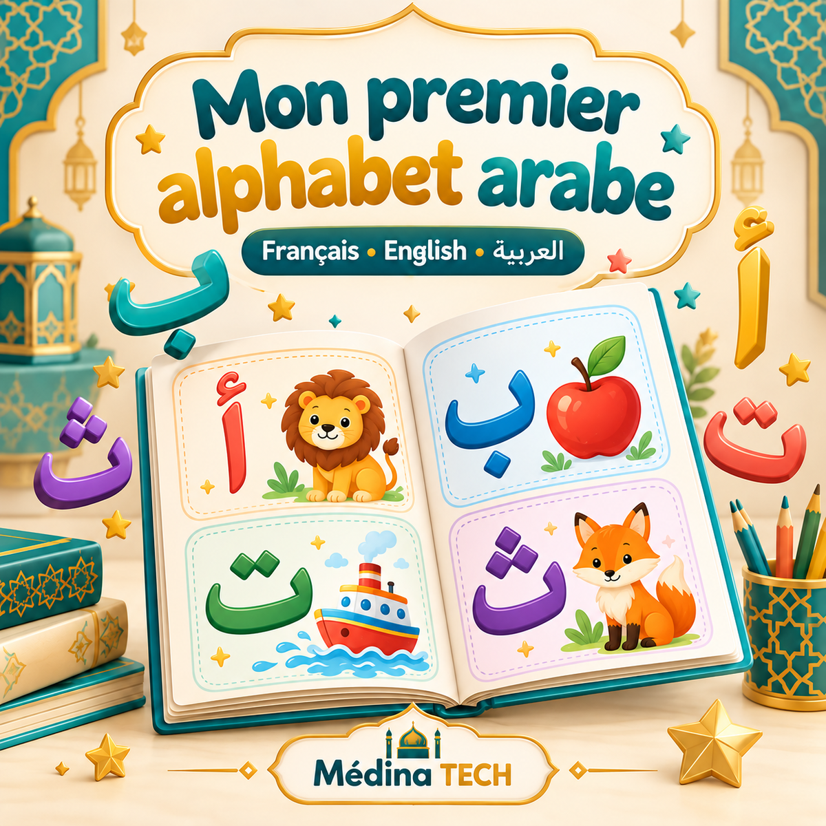 Mon premier alphabet arabe, support PDF pour enfants en français, anglais et arabe