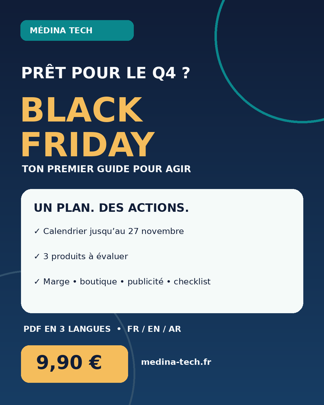 Flyer du guide Black Friday 2026 Médina TECH, PDF en trois langues